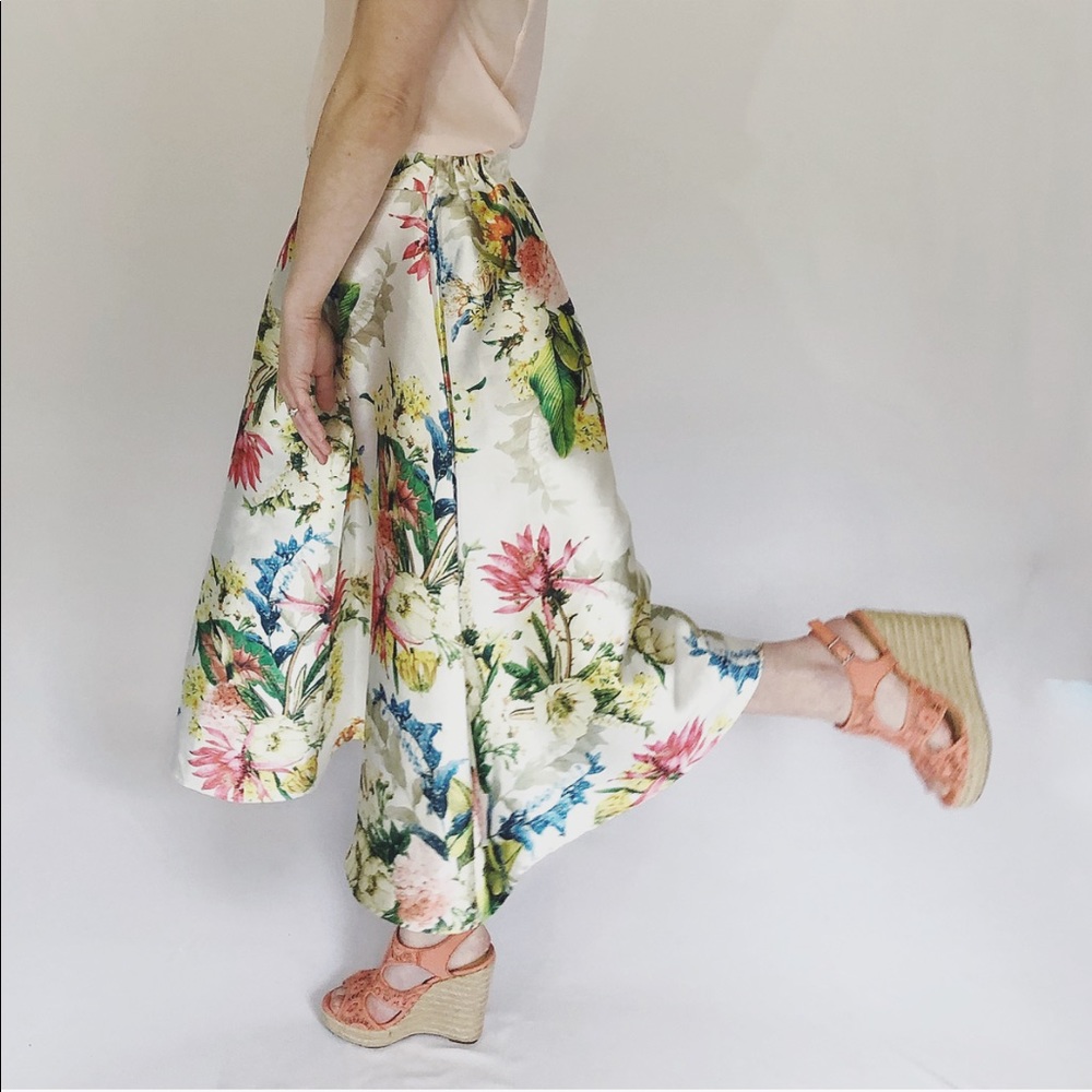 Satiny Spring Floral Pleated A-Line Midi Skirt